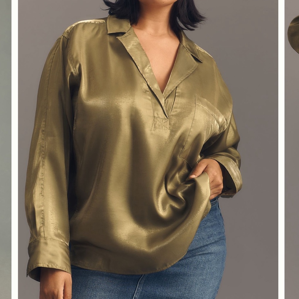 Anthropologie Pilcro Long Sleeve Shine Henley Blouse Green